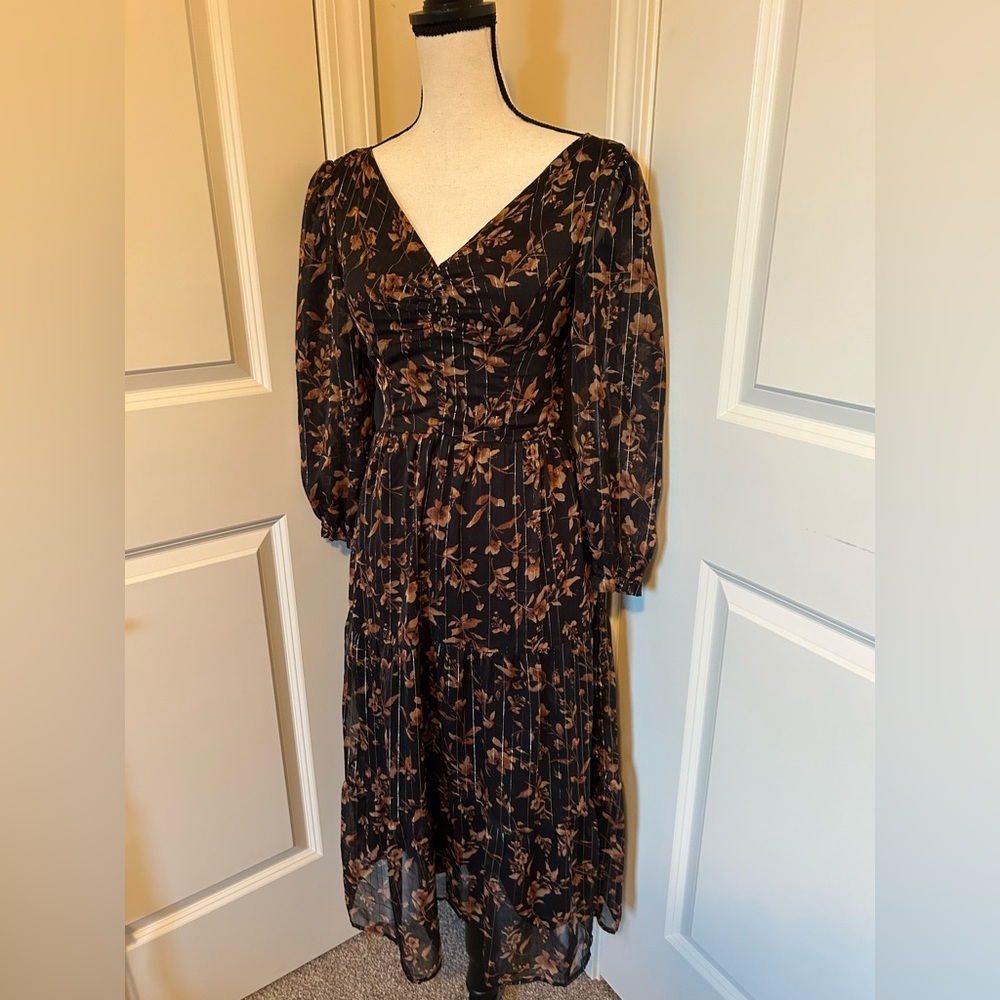 Floral Black and Brown Midi peasant long sleeve v neck Dress - Picture 4 of 8